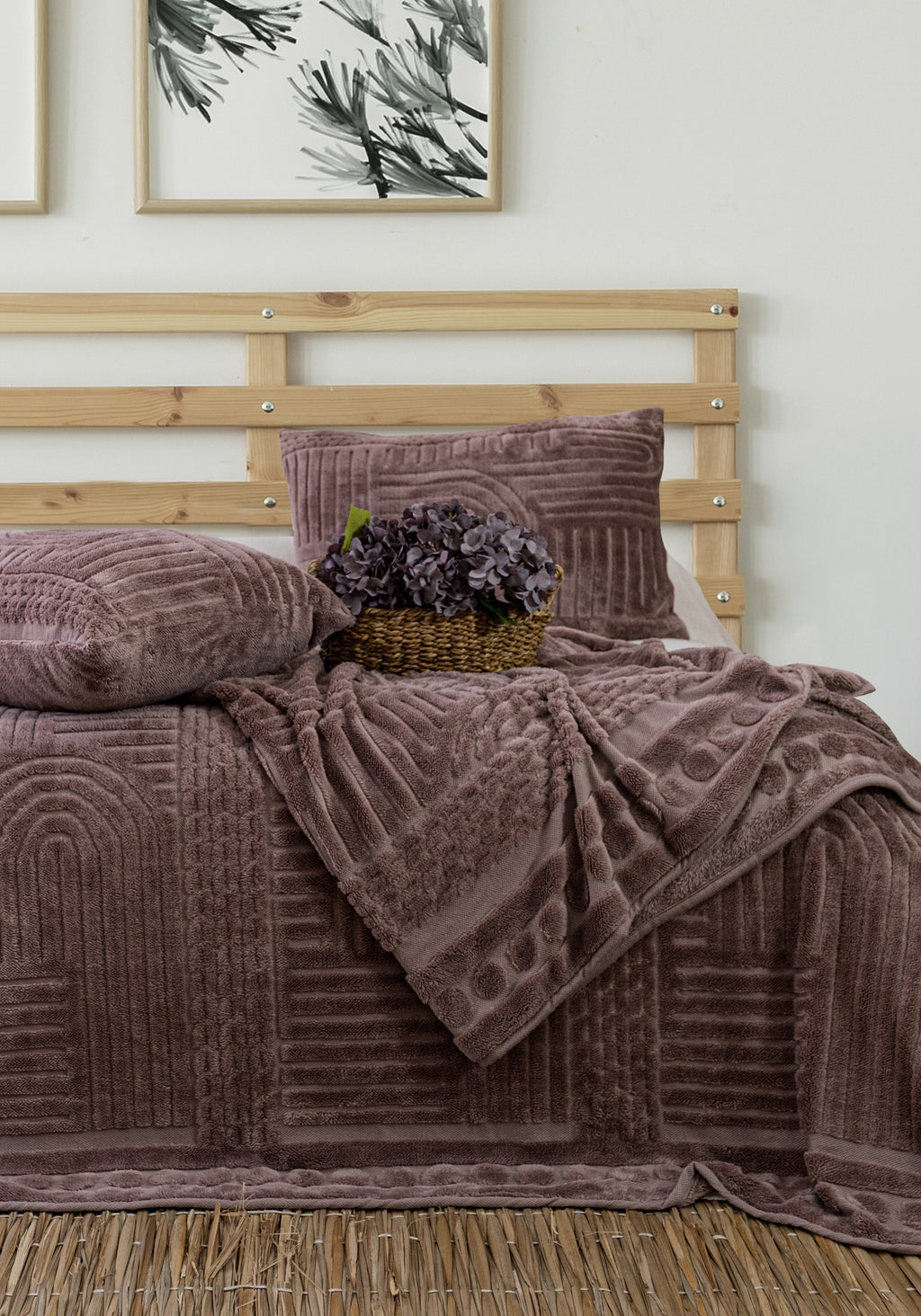 Lüx Jakarlı Mürdüm Yatak Örtüsü Seti Çift Kişilik Yastık Kılıflı | 230x240 cm