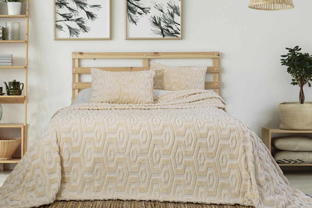 Lüx Jakarlı Krem Yatak Örtüsü Seti Çift Kişilik Yastık Kılıflı Wellsoft Çeyiz | 230x240 cm