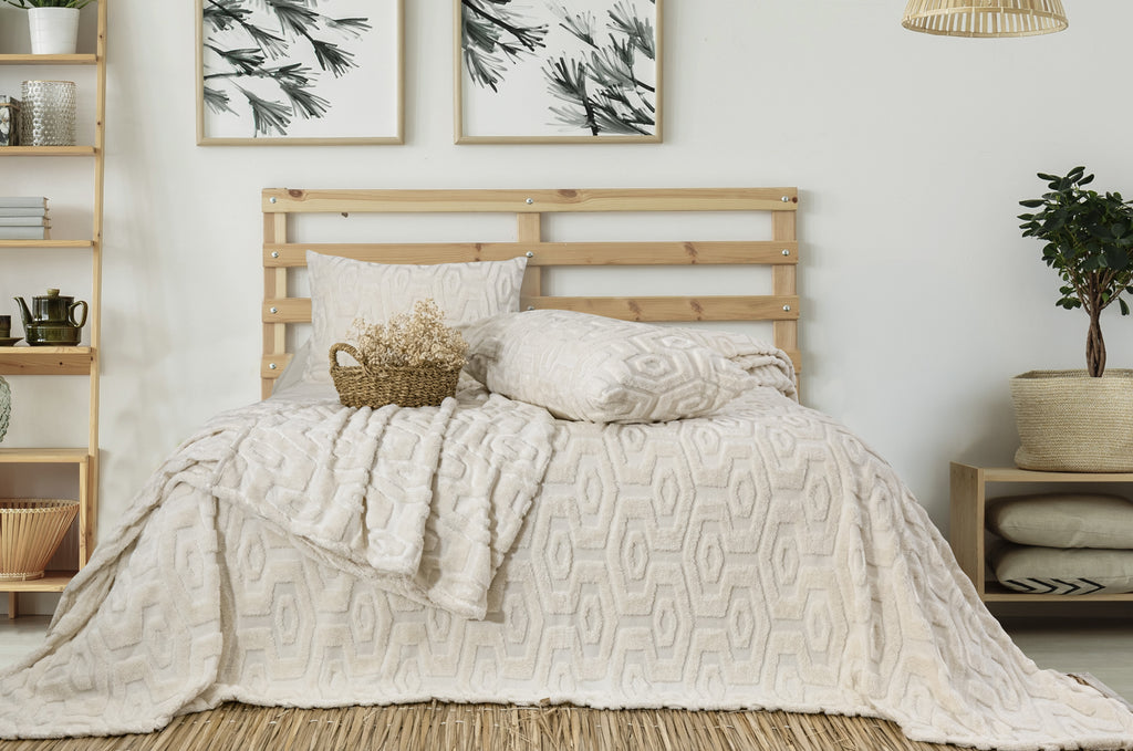 Lüx Jakarlı Ekru Yatak Örtüsü Seti Çift Kişilik Yastık Kılıflı | 230x240 cm