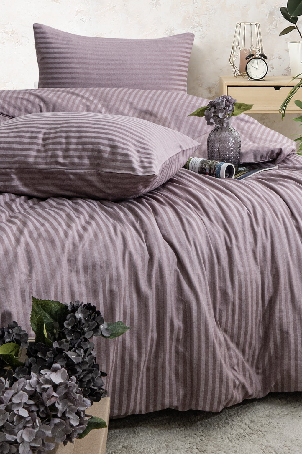 Çift Kişilik Mürdüm Çizgili Saten Nevresim Takımı