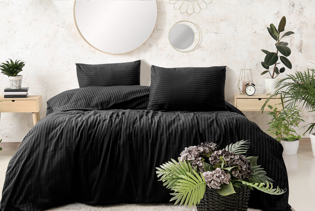 Çizgili Saten Tek Kişilik Siyah Nevresim Takımı  | 92 Tel