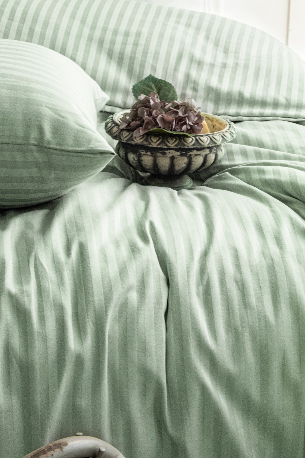 Tek Kişilik Yeşil Çizgili Saten Nevresim Takımı